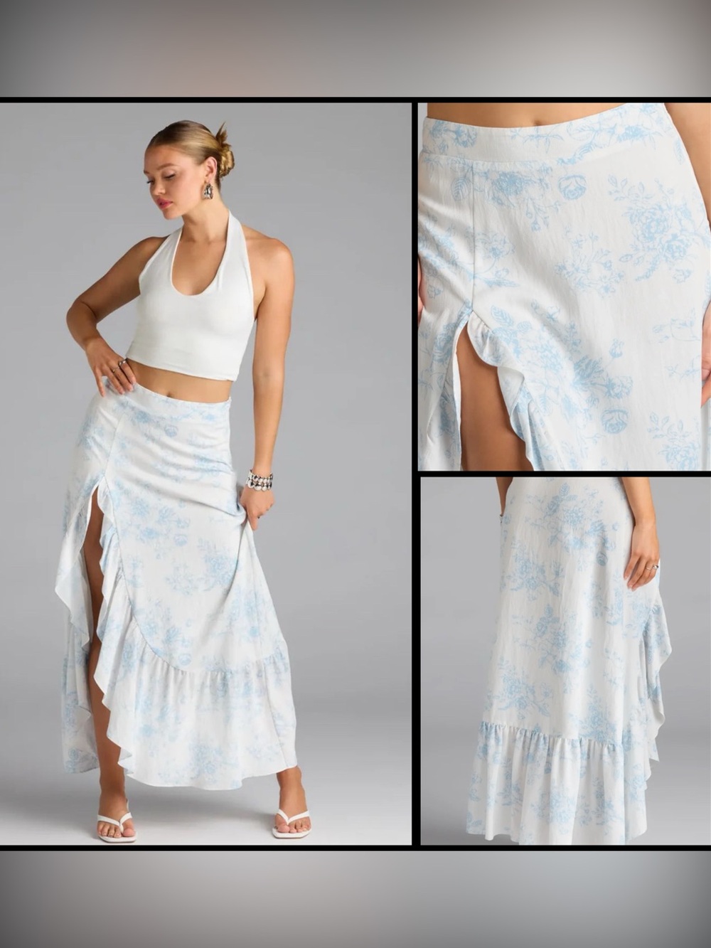 Windsor Whimsical Essence Ruffled Floral Maxi Skirt White & Light Blue Cottage S